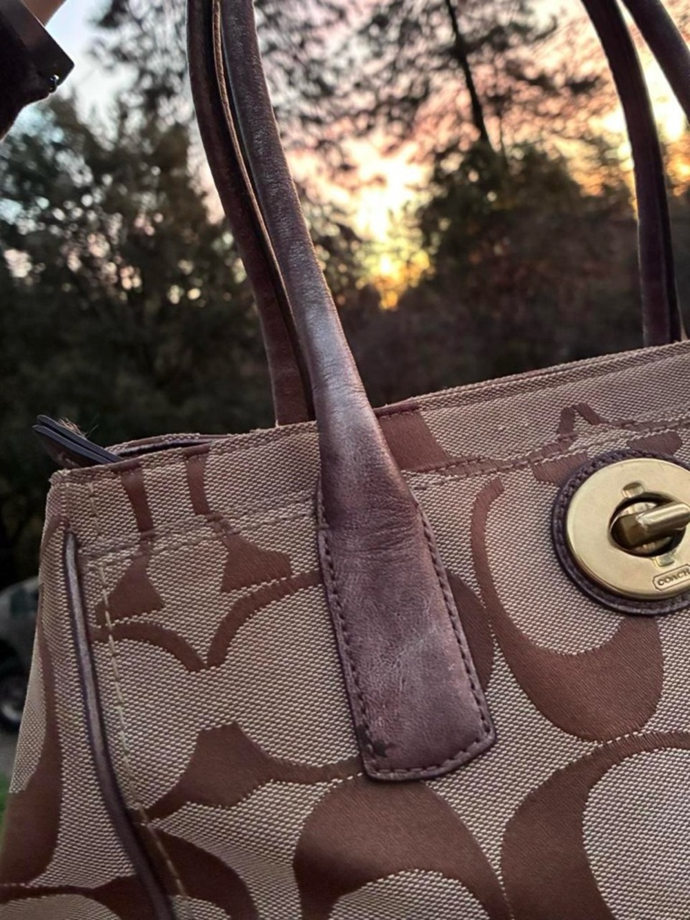 Coach Brown Signature Jacquard Canvas Tote with Metallic Brown Trim & turn lock - Picture 5 of 11